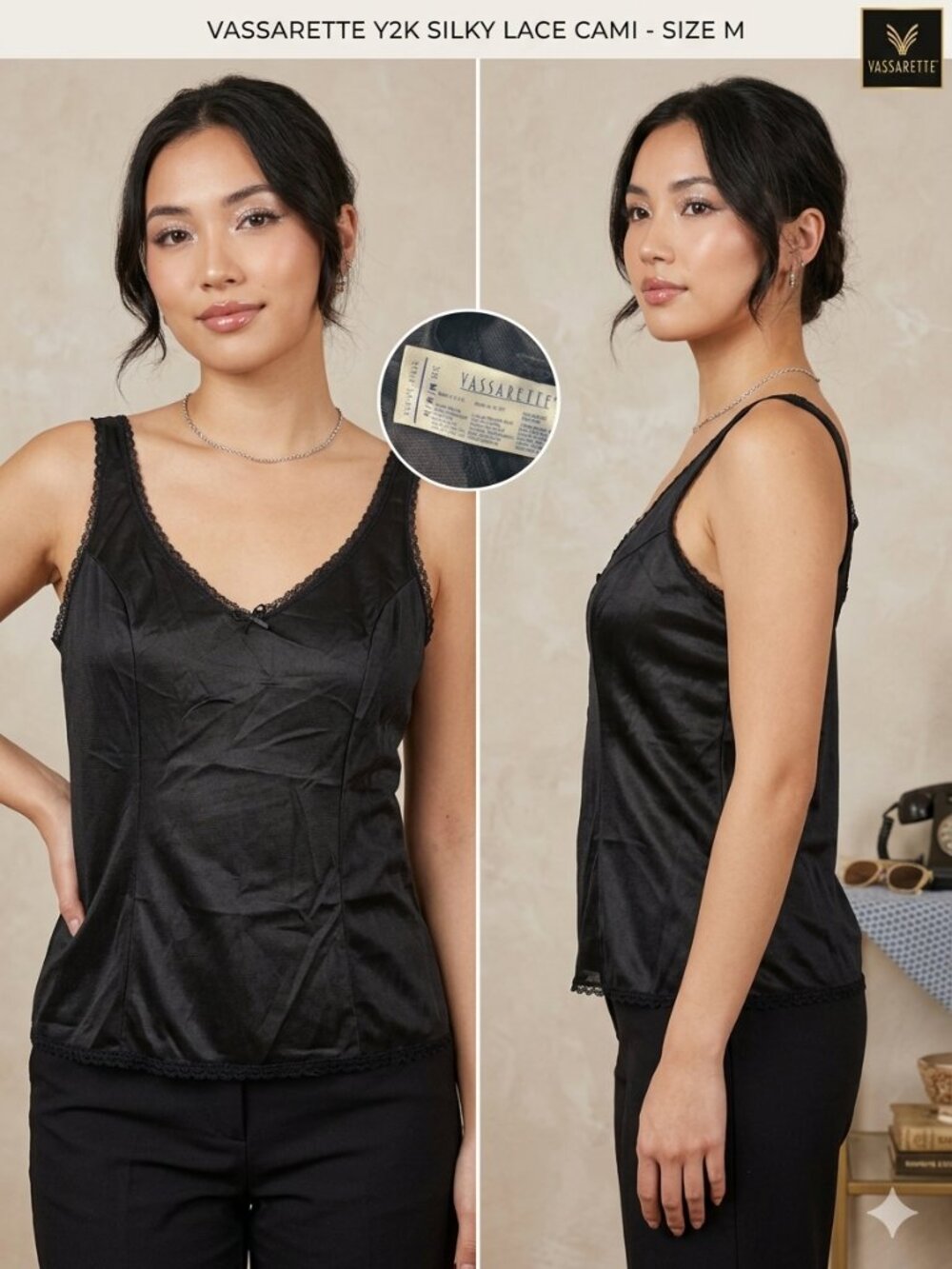 Vintage Vassarette Y2K Black Silky Knit Camisole Top Lace Trim Cami Size Medium
